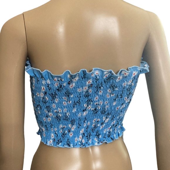 Romwe Cropped Tube Top Womens Juniors Small Strapless Blue Floral Ruched Stretch - Picture 2 of 3